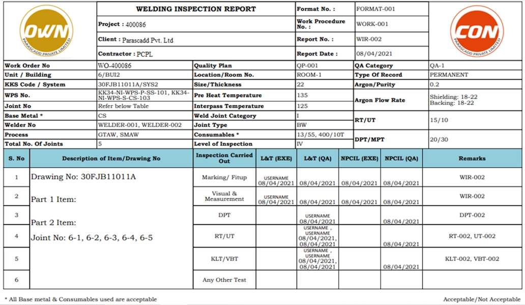 WELDING INSPECTION REPORT